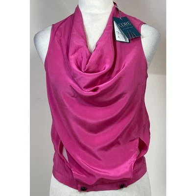 Core Spirit Blouse Top Hot Pink Silk Cowl Neck Size XS Lion Buttons Sleeveless - Image 1 of 4
