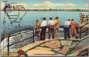Vintage 1940er PYMATUNING DAM Pennsylvania Postkarte Autobahnkarte / Curteich Leinen - Bild 1 von 2
