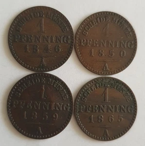 4 Stück Münzen - 1 Pfennig 1846, 1850, 1859, 1865 A - Preussen, Thaler, Scheide  - Picture 1 of 2