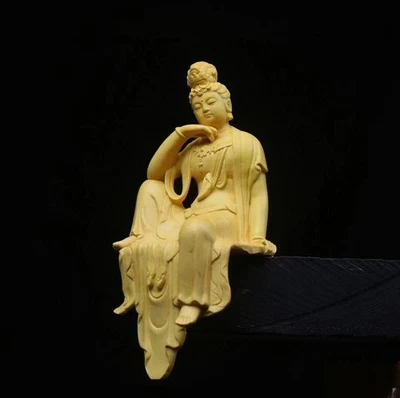 Estatua china 100 % madera de boj tallada a mano Guanyin Kwan-yin Buda mesa decoración Foto 1 de 4