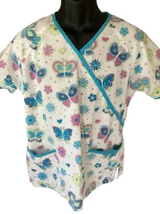 UA Scrubs Scrub Top Women's Medium Multicolor Butterflies Flowers V-Neck - Picture 1 of 7