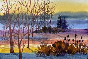 5.75”x8” Original Watercolor Whimsical Southwest Color Layers Lake Trees - Picture 1 of 1