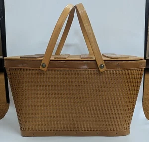 Vintage Red-Man Picnic Basket Wood Slat Hinged Lid Double Handles - Picture 1 of 24
