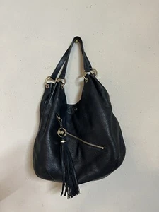 Michael Kors Handbag Black Pebbled Leather MK Charm Tassel Hobo Purse - Picture 1 of 15