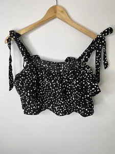 Boohoo Polka Dot Ruffle Crop Top Shoulder Tie Black UK 10 NEW - Picture 1 of 10