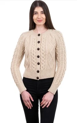 SAOL Women’s Aran Irish Cardigan Sweater Size M 100% Merino Wool Cable Knit - Image 1 of 4