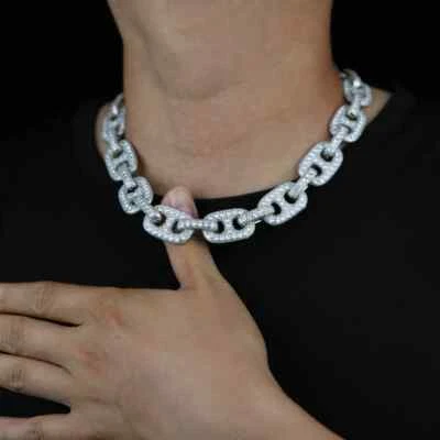 Miami 19mm Big Box Clasp Cuban Link Necklace Charm SilverColor Iced Out Bling CZ - Image 1 of 4