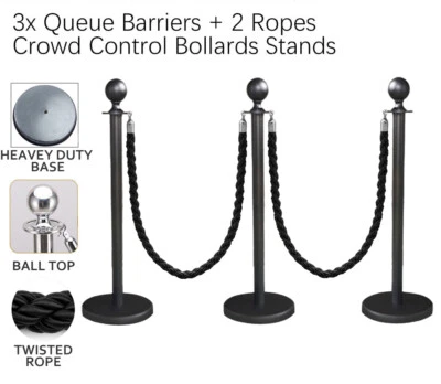 3x Queue Barriers + 2 Twisted Ropes Crowd Control Bollards BLACK POLE+BLACK ROPE - image 1 of 4