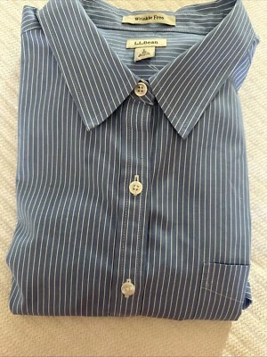 Camisa LL Bean Talla Grande Premium Sin Arrugas Abotonada Manga Larga Azul Rayas Foto 1 de 4