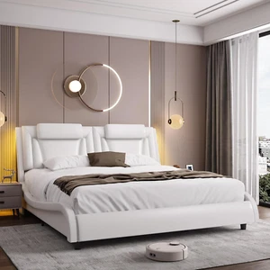 Upholstered Platform Bed Frame with Adjustable LED Headboard, Pu Leather, Wave-L - Picture 1 of 9