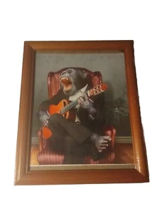 Chimpanzee Playin Accoustic Guitar Glossy Print In Vintage 8x10 Frame. Coffeshop - Picture 1 of 4