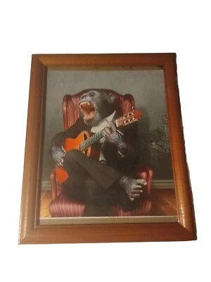 Chimpanzee Playin Accoustic Guitar Glossy Print In Vintage 8x10 Frame. Coffeshop - Image 1 of 4