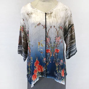 Citron Plus Clothing 100% Silk Art To Wear Birds Fukure V-Neck Tunic Blouse 2X - Picture 1 of 11