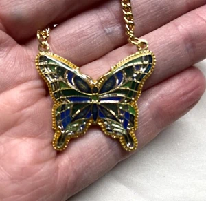 Vintage Emaille Schmetterling 1970er Anhänger Halskette-blau/grün Farbe 20" Kette - Bild 1 von 4