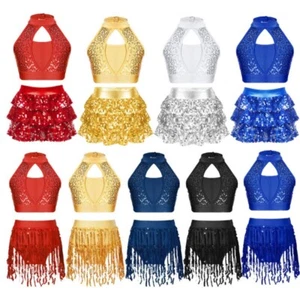 UK Girl Sequins Halter Neck Tank Top Dance Crop Top with Tiered Ruffle Dancewear - Picture 1 of 62