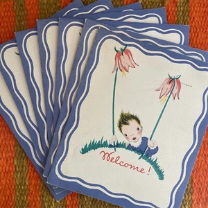 7 tarjetas de felicitación vintage sin usar nuevo bebé llegada bienvenida Fravessi Lamont EE. UU. - Imagen 1 de 4