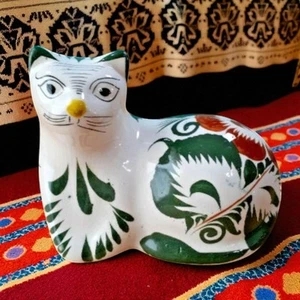 Vintage Tonala Volkskunst mexikanische Keramik Katze Figur 5" Floral grün - Bild 1 von 9
