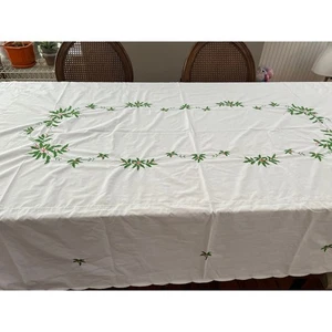 Vintage Embroidered Holiday Tablecloth Large Rectangular White Holly Leaves - Picture 1 of 7