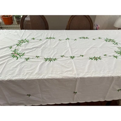 Vintage Embroidered Holiday Tablecloth Large Rectangular White Holly Leaves - Image 1 of 4