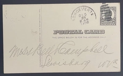 Ronceverte, West Virginia #UX19 Postal Card mailed Dec 30, 1908 to Lewisburg, WV - Image 1 of 2