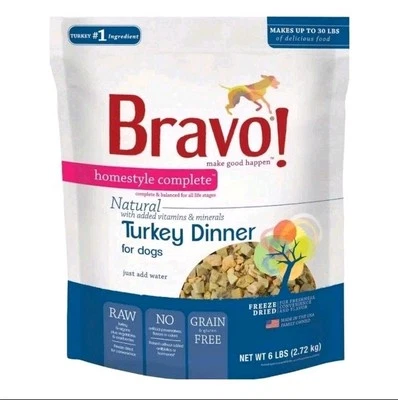 BRAVO! DOG FOOD HOMESTYLE COMPLETE TURKEY DINNER OR TOPPER 6 LB BAG Makes 30lbs! - Image 1 of 4