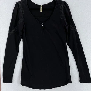 Top Free People Negro Manga Larga con Detalle de Malla de Encaje Talla Mediana LEER - Imagen 1 de 9