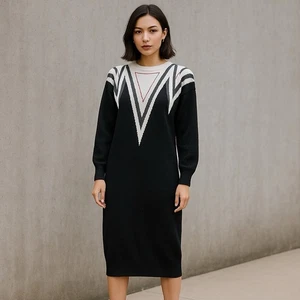 Vtg 80s Black Sweater Dress L Triangle Collar Geometric Knit Retro Dolman Tunic - Picture 1 of 22