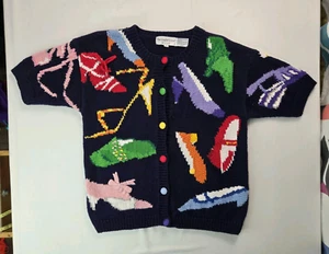 Eagles Eye Vintage Shoes Heels Knit Short Sleeve Cardigan Sweater Women Medium M - Picture 1 of 5