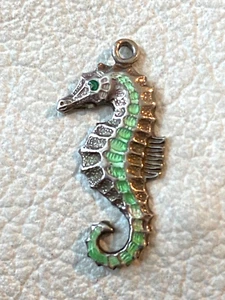 Vintage Sterling Silver Charm Green Enamel Ocean Seahorse - Picture 1 of 5