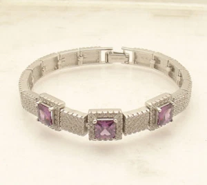 6.5" Purple Dark Amethyst Clear Pave CZ Tennis Bracelet Real 925 Sterling Silver - Picture 1 of 4