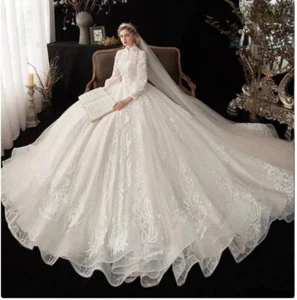 Elegant Lace Applique Wedding Dresses High Neck Floor Length A-Line Bridal Gowns - Picture 1 of 7