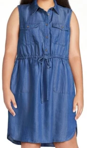 Women’s Utility Shirt Dress XL Denim Blue Belted Casual Button Front Midi NWT - Picture 1 of 6