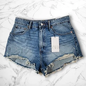 Zara Women's Denim Shorts Size 12 Blue Distressed Cut Off Hi-Rise Curved - Picture 1 of 11