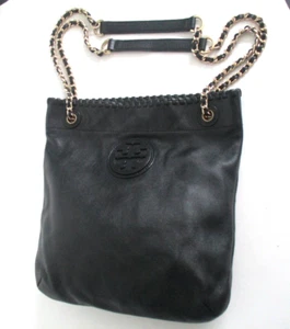 Tory Burch Marion Large Black Leather Tote Shoulder Bag w/ Chain Strap Purse EUC - Picture 1 of 16