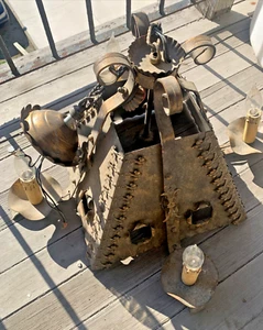 ANTIQUE HEAVY SPANISH REVIVAL PYRAMID HELMET CHANDELIER LIGHT FIXTURE GOTHIC - Picture 1 of 24