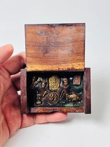 Old wood gift box set Mini LP Tim Amulet Magic Yantra Phra Pidta buddha Talisman - Picture 1 of 19