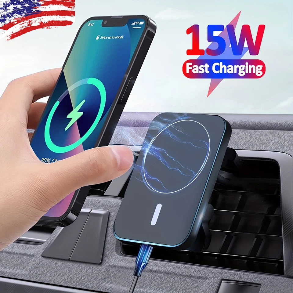 15W Wireless Magnetic Charger Car Mount Holder for iPhone 13 14 15 16 17 Pro Max - Image 1 of 4