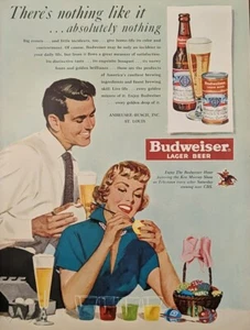 Anuncio impreso Budweiser 1950 vintage, pintura huevos de Pascua esposo y esposa - Imagen 1 de 1