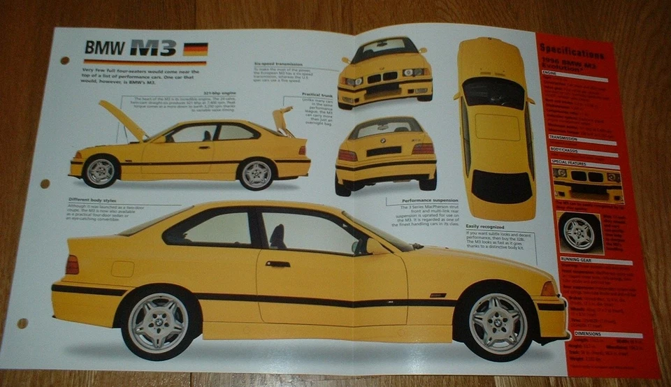 1996 BMW M3 Evolution Spec Sheet Brochure Photo Poster Print Info 96 M 3 EVO - Image 1 of 1