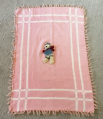 Manta Cuna Bebé Pepperell Rosa Mechonada Oso Flecos Bebé Niña De Colección Años 50 60 Foto 1 de 4