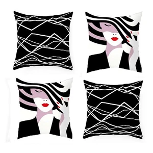 Artsy Abstract Square Throw Pillow Covers Woman Hat Black White Abstract 18"x18" - Picture 1 of 4