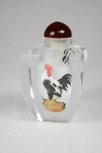 VINTAGE PEKING GLASS INSIDE PAINTED ROOSTER SCENE SNUFF BOTTLE - Imagen 1 de 7