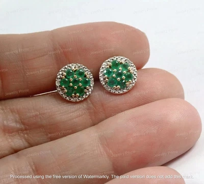 2Ct Round Simulated Green Emerald Engagement Halo Earrings 14K White Gold Plated - Image 1 of 4