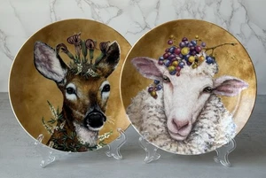 Vicki Sawyer Woodsy and Wise 7" Bone China Teller Schafe mit Beeren Hirsch mit Blumen - Bild 1 von 6