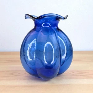 Vintage San Miguel by VIDRIOS Cobalt Blue Glass Vase Ruffled Handmade Spain - Picture 1 of 6