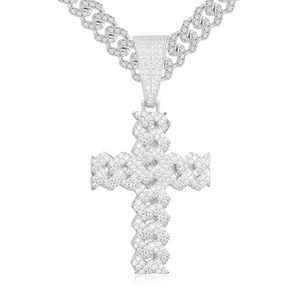 Silber Moissanit Kreuz Halskette für Männer 8 mm Iced Out Kubanische Verbindung Kreuz Anhänger... - Bild 1 von 9