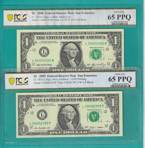 2006/2009 $1 2X MATCHING LOW Serial Number 4 Digit 00002392 PCGS Graded 65/65PPQ - Bild 1 von 1