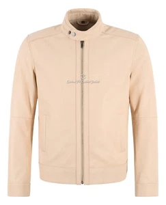 Men's Biker Style Beige Real Leather Jacket Classic Fitted Soft Lambskin Jacket - Picture 1 of 7