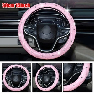 New Practical Steering Wheel Cover PU Leather Pink W/ Rhinestone Decor - Picture 1 of 12
