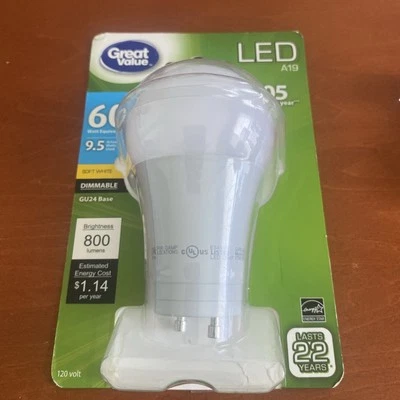 Great Value 60-Watt Equivalent A19 Dimmable GU24 Base Bulb NEW & NEVER USED - Image 1 of 4
